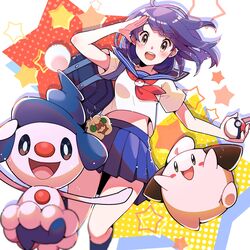  :d absurdres bag blush brown_eyes cleffa commentary_request female floating_hair glint highres holding holding_poke_ball looking_at_viewer mime_jr. open_mouth pleated_skirt poke_ball poke_ball_(basic) pokemon pokemon_(creature) pon_yui purple_hair sailor_collar shirt short_sleeves skirt smile socks star_(symbol) teeth tongue whimsicott 