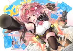  absurdres ahoge armpits black_gloves black_thighhighs breasts camera commentary_request drone female girls&#039;_frontline girls&#039;_frontline_neural_cloud gloves hair_ornament hat highres holding holding_camera holding_microphone id_card large_breasts leg_up medium_hair microphone necktie newspaper open_mouth pink-tinted_eyewear pink_hair pink_necktie red_eyes running setomi_sora shirt sleeveless sleeveless_shirt smile solo sparkle sparkling_eyes thighhighs thighs tinted_eyewear video_camera white_shirt willow_(neural_cloud) zettai_ryouiki 