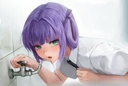  black_necktie blush borrowed_character collared_shirt commentary drinking drinking_fountain faucet female green_eyes hair_rings highres llttyyyuu looking_at_viewer lume_sangria_(chrysa) necktie original parted_lips purple_hair shirt short_hair short_sleeves solo upper_body water white_shirt 