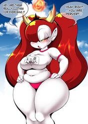  belly bloomers blush breasts buruma cocco_(cocco1192) colored_skin curvy day demon_horns embarrassed english_text female gym_shirt gym_uniform hair_over_one_eye hands_on_own_hips hekapoo highres horns large_breasts legs long_hair looking_at_viewer monster_girl navel one_eye_covered open_mouth orange_hair plump pointy_ears pov red_buruma red_hair shirt solo star_vs_the_forces_of_evil thick_thighs thighs tiara translation_request twintails underwear white_shirt white_skin wide_hips 