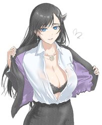  black_bra black_hair black_jacket black_skirt blazer blue_eyes bra bra_visible_through_clothes breasts burn_the_witch cleavage collared_shirt dress_shirt earrings eyebrows eyelashes female half-closed_eyes highres horns jacket jewelry jitome large_breasts looking_at_viewer mitsugu naughty_face necklace niihashi_noel office_lady open_clothes open_jacket open_shirt parted_lips partially_unbuttoned see-through shirt shirt_tucked_in single_horn skirt solo swept_bangs underwear white_background white_shirt 