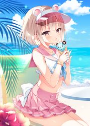  animal_ears bare_arms bare_shoulders beach beach_chair blonde_hair brown_eyes commentary_request crop_top day fake_animal_ears female food frilled_shirt frills highres holding ice_cream ice_cream_cone layered_skirt looking_at_viewer midriff miniskirt nanohana_kohina navel neckerchief original outdoors parted_lips pink_skirt sailor_collar shirt short_hair sitting skirt sleeveless sleeveless_shirt solo stomach visor_cap white_shirt 