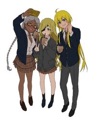  1boy 2girls :d ahoge alternate_costume androgynous arm_up black_cardigan black_footwear black_legwear blazer blonde_hair blue_eyes blue_footwear blue_jacket blush braid breasts brown_footwear brown_skirt bubble_tea cardigan cellphone checkered_clothes checkered_necktie cleavage collared_shirt commentary cup dark-skinned_female dark_skin drink drinking drinking_straw earrings eyepatch full_body glasses green_eyes grey_hair hair_over_one_eye head_tilt highres holding holding_cup holding_phone invisible_floor jacket jewelry loafers long_hair long_sleeves marian_slingeneyer medium_breasts miniskirt multiple_girls necktie no_socks open_clothes open_jacket open_mouth orange_eyes othinus otoko_no_ko pants parted_bangs partially_unbuttoned petite phone plaid plaid_skirt pleated_skirt red-framed_eyewear school_uniform selfie semi-rimless_eyewear shirt shoes sidelocks simple_background skirt sleeves_past_wrists smartphone smile socks standing swept_bangs taking_picture teruya_(6w6y) thor_(toaru_majutsu_no_index) toaru_majutsu_no_index toaru_majutsu_no_index:_new_testament under-rim_eyewear v very_dark_skin very_long_hair white_background white_shirt wing_collar 