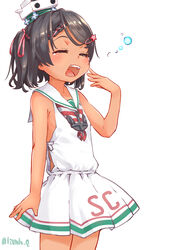  absurdres anchor black_hair braid closed_eyes commentary_request cowboy_shot dress female hair_ornament hair_ribbon hat headgear highres izumikuma kantai_collection mole mole_under_eye neckerchief open_mouth ribbon sailor_collar sailor_dress scirocco_(kancolle) short_hair simple_background sleepy sleeveless sleeveless_dress solo striped striped_neckerchief tan tears twintails twitter_username two_side_up white_background white_dress white_sailor_collar yawning 