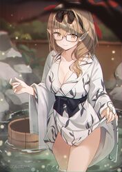  bath_yukata black_hairband blue_archive blurry blurry_background blush breasts brown_eyes brown_hair bucket chinatsu_(blue_archive) chinatsu_(hot_spring)_(blue_archive) cleavage closed_mouth collarbone cowboy_shot depth_of_field female glasses hair_between_eyes hair_ribbon hairband halo highres ika_(4801055) japanese_clothes kimono large_breasts long_hair looking_at_viewer onsen outdoors pointy_ears ribbon smile solo standing thighs wading water white_kimono wide_sleeves wooden_bucket yukata 