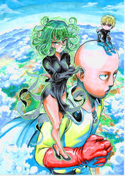  2boys absurdres aura bald black_dress black_sclera blonde_hair breasts chibi clenched_hand cloud colored_sclera commentary crossed_arms cyborg dress energy english_commentary female floating floating_clothes floating_hair floating_object frown genos giant giant_male gloves green_eyes green_hair groin highres jigme_tenzin_wangchuk levitation marker_(medium) multiple_boys one-punch_man petite psychic red_gloves saitama_(one-punch_man) sitting sitting_on_head sitting_on_person small_breasts tatsumaki telekinesis traditional_media yellow_eyes 