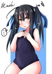  absurdres alternate_costume alternate_hairstyle black_hair blue_background blue_headband blue_one-piece_swimsuit covered_navel cowboy_shot female flat_chest hair_between_eyes hatsushimo_(kancolle) hatsushimo_kai_ni_(kancolle) headband highres kantai_collection long_hair old_school_swimsuit one-piece_swimsuit open_mouth school_swimsuit sitting solo speech_bubble sweatdrop swimsuit t_(dyuhuhudyukusi) twintails white_background yellow_eyes 