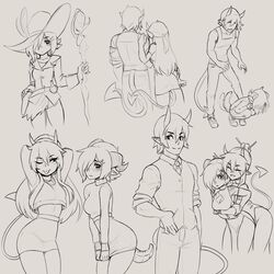  1boy 2girls :d ;p absurdres arm_at_side ass bare_arms blush breasts china_dress chinese_clothes collarbone collared_shirt commentary crop_top cropped_sweater demon_boy demon_girl demon_horns demon_tail dragon_girl dragon_horns dragon_tail dress embarrassed english_commentary from_behind greyscale hair_ornament hair_over_one_eye hair_stick hairclip hand_on_own_hip hat hat_feather highres holding holding_staff horns hug hug_from_behind leaning_forward li_(rob_ishi) long_hair looking_at_viewer medium_breasts monochrome multiple_girls navel necktie nelu_(rob_ishi) one_eye_closed open_mouth original pants pencil_skirt pointy_ears rae_(rob_ishi) rob_ishi shirt short_hair skirt sleeveless sleeveless_dress smile squatting staff tail tail_wagging tank_top thumb_in_pocket tongue tongue_out vest 