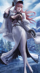  artist_name azur_lane black_footwear black_gloves breasts cleavage coat dress earrings female from_below full_body fur-trimmed_coat fur_trim gloves hair_between_eyes high_heels ice jewelry large_breasts lips long_hair nose orange_hair paid_reward_available pantyhose shoes side_slit solo standing volga_(azur_lane) walking_on_ice white_dress white_headwear white_pantyhose wickellia yellow_eyes 