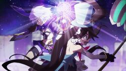  2girls bare_shoulders battle black_gloves black_hair blue_eyes chakram connect_(magia_record) crop_top degarashi_(ponkotsu) from_side gloves glowing hammer hat highres holding holding_hammer hozumi_shizuku light_purple_hair long_hair looking_ahead magia_record:_mahou_shoujo_madoka_magica_gaiden magical_girl mahou_shoujo_madoka_magica mariko_ayaka midriff multiple_girls open_mouth profile puffy_short_sleeves puffy_sleeves purple_eyes purple_hair purple_scarf purple_shorts scarf short_hair short_sleeves shorts smile top_hat weapon 