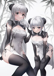  2girls absurdres black_collar black_eyes black_gloves black_hair black_panties black_thighhighs breasts cape china_dress chinese_clothes cleavage closed_mouth collar commentary crystalherb double_bun dress elbow_gloves gloves hair_bun highres holding long_hair looking_at_viewer medium_breasts multicolored_hair multiple_girls multiple_views original panties print_dress shadow side-tie_panties sitting smile standing symbol-only_commentary thighhighs tree tree_print two-tone_hair underwear white_dress white_hair 