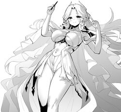  arm_up azur_lane azur_lane:_slow_ahead blush breasts brest_(azur_lane) closed_mouth emphasis_lines female greyscale hand_up highres hori_(hori_no_su) large_breasts long_hair monochrome official_art parted_bangs smile underboob very_long_hair 