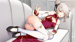  ass bad_id bad_twitter_id bare_shoulders black_ribbon blonde_hair breasts bridal_gauntlets china_dress chinese_clothes cleavage cleavage_cutout clothing_cutout commentary_request couch double_bun dress female full_body hair_bun hair_ribbon hair_tie hand_on_own_leg inactive_account looking_at_viewer lying on_couch on_side original outstretched_arm panties pantyshot rasaras_leonids ribbon small_breasts spread_fingers thighhighs underwear yellow_eyes 