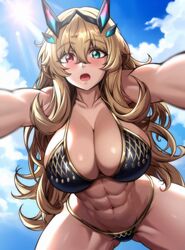  abs absurdres ass_visible_through_thighs barghest_(fate) barghest_(ice_warrior)_(fate) biceps bikini black_bikini black_bikini_bottom blonde_hair blue_sky blush breasts cloud cloudy_sky fate/grand_order fate_(series) female heterochromia highres horns huge_breasts long_hair looking_at_viewer muscular muscular_female open_mouth sky solo swimsuit thick_thighs thighs very_long_hair zantyarz 