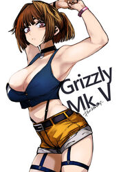  armpits bracelet breasts brown_hair character_name cleavage commentary commission english_text female girls&#039;_frontline grizzly_mkv_(girls&#039;_frontline) grizzly_mkv_(weekend_cop)_(girls&#039;_frontline) hair_ornament highres jewelry kojima_(blue_stardust) large_breasts official_alternate_costume open_mouth pixiv_commission purple_eyes scrunchie short_hair short_ponytail short_shorts shorts signature skindentation solo symbol-only_commentary tank_top yellow_shorts 