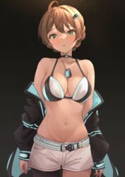  absurdres ahoge asymmetrical_legwear b1ack_illust bare_shoulders bikini bikini_top_only blush braid breasts brown_hair cleavage collarbone commentary_request commission dance_on_the_galaxy_(idolmaster) dog_tags female green_eyes highres idolmaster idolmaster_million_live! jacket jacket_partially_removed large_breasts looking_at_viewer multicolored_clothes multicolored_jacket navel no_shirt off_shoulder open_clothes open_jacket pixiv_commission sakuramori_kaori shorts simple_background solo standing stomach swimsuit two-tone_jacket white_shorts 