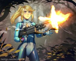  absurdres alternate_weapon ass_visible_through_thighs blonde_hair blue_eyes bodysuit bullet commentary english_commentary female firing gun heavy_machine_gun highres jungle m60 machine_gun metroid mleth mole mole_under_mouth muzzle_flash nature parody plant rambo samus_aran serious solo standing thigh_gap tree weapon zero_suit 