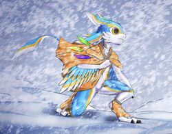  4_ears anthro avali avian blue_body blue_feathers blue_fur clothing feathers fishy_fizz fur hair male multi_ear multicolored_hair outside shaded sky snow snowing solo tail tail_feathers winged_arms wings 