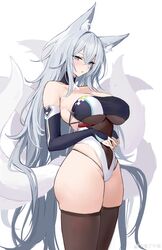  absurdres animal_ears azur_lane blue_eyes breasts commentary_request female fox_ears fox_tail grey_hair highres large_breasts leotard long_sleeves looking_at_viewer shinano_(azur_lane) shinano_(moonlit_chrome)_(azur_lane) soaryuna tail thighhighs thong underboob 