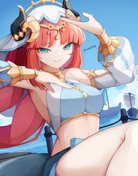  absurdres aqua_eyes bare_shoulders blue_sky breasts brooch circlet cloud commentary crop_top day english_commentary fake_horns female genshin_impact highres horns jewelry large_breasts long_hair long_sleeves looking_at_viewer midriff nilou_(genshin_impact) red_hair sitting sky smile solo stomach thighs veil very_long_hair white_headwear white_veil yuu_azma 