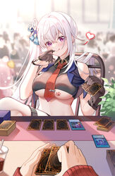  1other :q absurdres asymmetrical_gloves bare_shoulders blue_shirt blurry blurry_background bokeh breast_tattoo breasts brown_gloves card card_game closed_mouth crop_top crossed_legs depth_of_field duel_(yu-gi-oh!) female gloves gou_lianlian_dogface hair_ribbon half_gloves hand_up heart highres holding holding_card large_breasts long_hair looking_at_viewer midriff navel necktie open_clothes open_shirt paw_tattoo playing_card pov pov_hands purple_eyes ribbon shirt shuiliang side_ponytail single_half_glove sitting skindentation sleeveless sleeveless_shirt smile solo_focus stomach tattoo thigh_strap thighs tie_clip tongue tongue_out underboob very_long_hair virtual_youtuber white_hair wing_collar xuyan_xueyuan yu-gi-oh! 