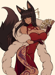  absurdres animal_ears arm_under_breasts blunt_bangs blush breast_lift breasts brown_eyes brown_gloves brown_hair cleavage commission dark-skinned_female dark_skin dress female fox_ears fox_girl fox_tail gloves hand_fan highres holding holding_fan large_breasts leg_tattoo lips long_hair looking_at_viewer original parted_lips red_dress smile solo tail tattoo the_scarlet_devil 