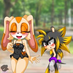  1:1 2022 afrosoricid anthro black_body black_clothing black_dress brown_eyes clothed clothing cream_the_rabbit distracted_boyfriend dress duo fan_character female female_anthro fur gloves gloves_only handwear handwear_only hi_res interspecies lagomorph leporid looking_at_another looking_back male male/female male_anthro mammal meme mostly_nude open_mouth rabbit sega sirjzau smile sonic_the_hedgehog_(series) strand tenrec walking wide_hips yellow_body yellow_fur zau_the_tenrec 