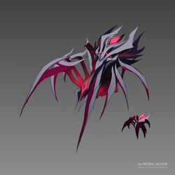  absurdres animal artist_name black_sclera bug colored_sclera elise_(league_of_legends) glowing gradient_background grey_background highres league_of_legends neona_gloom red_eyes size_difference spider 