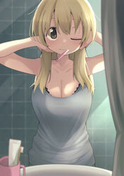  adjusting_hair arms_behind_head arms_up bathroom blonde_hair bra bra_peek breasts brown_eyes cleavage closed_mouth female hidamari_sketch highres indoors large_breasts long_hair looking_at_viewer mirror miyako_(hidamari_sketch) one_eye_closed solo tennosuke_(tejons) toothbrush toothbrush_in_mouth underwear 