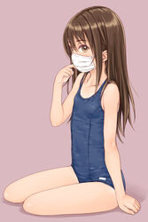  blue_one-piece_swimsuit brown_eyes brown_hair collarbone commentary female flat_chest focke_wulf highres long_hair looking_at_viewer mask mouth_mask old_school_swimsuit one-piece_swimsuit original pink_background school_swimsuit simple_background sitting solo surgical_mask swimsuit yokozuwari 