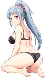  absurdres ahoge ass back bare_shoulders barefoot black_bra black_panties blue_eyes blue_hair blush bra breasts feet female from_behind full_body hair_ornament hair_scrunchie high_ponytail highres inanaki_shiki kawasaki_saki kneeling lace lace_bra lace_panties large_breasts long_hair looking_at_viewer looking_back mole mole_under_eye open_mouth panties pink_scrunchie ponytail scrunchie simple_background solo underwear underwear_only white_background yahari_ore_no_seishun_lovecome_wa_machigatteiru. 