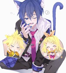  &gt;_&lt; 2boys ? animal_ear_hairband animal_ears blonde_hair blue_eyes blue_hair blue_nails bow cat_boy cat_ear_hairband cat_ears cat_tail closed_eyes commentary fake_animal_ears female hairband hairbow highres holding_hairband kagamine_len kagamine_rin kaito_(vocaloid) leo/need_(project_sekai) leo/need_kaito leo/need_len leo/need_rin male_focus multiple_boys na_ta53 nail_polish necktie oerba_yun_fang one_eye_closed open_mouth pink_necktie project_sekai protected_link school_uniform skin_fang smile spiked_hair spoken_question_mark tail vocaloid x_arms yawning yellow_nails 