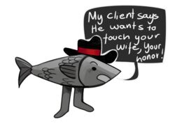  alpha_channel andy_deer biped clothing dialogue dialogue_box dingaling_productions english_text fish fish_tail grey_body harvey_alibastor hat headgear headwear hi_res lisa_the_painful male marine scales simple_background simple_eyes solo text transparent_background 