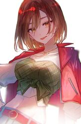  :p bad_id bad_twitter_id belt breasts brown_eyes brown_hair commentary crop_top female jacket jacket_on_shoulders jewelry looking_at_viewer meiko_(vocaloid) midriff navel nayakiro necklace project_sekai red_jacket short_hair sitting solo tongue tongue_out upper_body vivid_bad_squad_(project_sekai) vivid_bad_squad_meiko vocaloid 