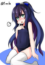  absurdres alternate_costume alternate_hairstyle alternate_legwear black_hair blue_one-piece_swimsuit blue_ribbon blush collarbone covered_navel cowboy_shot female flat_chest freckles gradient_hair green_eyes hair_between_eyes hair_ribbon highres kantai_collection long_hair matsuwa_(kancolle) multicolored_hair old_school_swimsuit one-piece_swimsuit open_mouth ponytail purple_hair ribbon school_swimsuit sitting solo sweatdrop swimsuit t_(dyuhuhudyukusi) thighhighs white_background white_thighhighs 