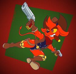  alternate_version_at_paywall anthro bandana boots clothing cowboy cowboy_boots cowboy_hat demon footwear fur gavanzude gloves gremile_&#039;hotshot&#039; gun handwear hat headgear headwear holding_gun holding_object holding_ranged_weapon holding_weapon horn imp kerchief kings_of_hell male ranged_weapon red_body red_fur sigar small_horn solo tail weapon 