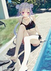  arm_support armpit_crease barefoot bikini black_bikini blunt_bangs blush breasts closed_mouth collarbone commentary_request day double_bun eyelashes feet female flip-flops frilled_bikini frills full_body grass hair_bun hair_ornament hair_ribbon hairclip kamizaki_hibana knee_up large_breasts legs light_purple_hair long_hair maid_girl_(kamizaki_hibana) navel original outdoors parted_bangs poolside purple_eyes purple_ribbon ribbon sandals shadow side-tie_bikini_bottom sidelocks sitting solo stomach swimsuit thighs toenails toes two_side_up unworn_sandals very_long_hair 