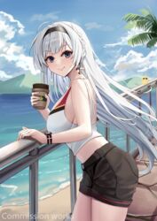  azur_lane bare_arms bare_shoulders black_shorts blue_eyes breasts closed_mouth cowboy_shot crop_top cup day disposable_cup female from_side hairband highres holding large_breasts long_hair looking_at_viewer looking_to_the_side mainz_(azur_lane) midriff outdoors shirt short_shorts shorts sleeveless sleeveless_shirt smile smodzz998 solo standing very_long_hair watch white_hair white_shirt wristwatch 