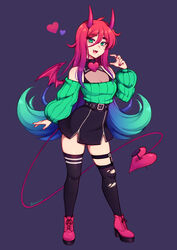  absurdres artist_name asymmetrical_legwear belt black_skirt black_thighhighs blue_hair blush boots breasts cleavage demon_girl demon_horns demon_tail demon_wings female full_body gradient_hair green_eyes green_hair green_sweater heart high_heel_boots high_heels highres horns large_breasts lips long_hair long_sleeves looking_at_viewer mismatched_legwear mole mole_under_mouth multicolored_hair oerba_yun_fang off-shoulder_sweater off_shoulder open_mouth original pink_footwear pink_nails purple_hair red_hair skirt smile solo sweater tail teeth the_scarlet_devil thighhighs torn_clothes torn_thighhighs upper_teeth_only very_long_hair wings 