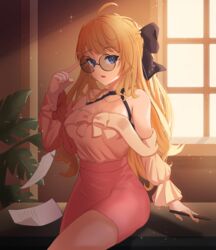  ahoge artemia_(king&#039;s_raid) bad_source bare_shoulders black-framed_eyewear black_choker blonde_hair blue_eyes bow breasts choker cleavage female glasses hairbow halterneck hand_up holding indoors king&#039;s_raid long_hair long_sleeves looking_at_viewer lu77 medium_breasts off-shoulder_shirt off_shoulder open_mouth orange_shirt paper pen pencil_skirt pink_skirt round_eyewear shirt shirt_tucked_in sitting skirt solo sunlight window 