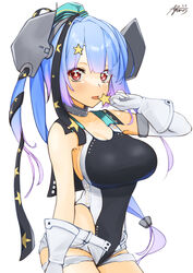  aqua_hat ayuman black_one-piece_swimsuit blue_hair blush breasts candy competition_swimsuit cosplay cowboy_shot female food garrison_cap gloves hair_ornament hat headgear highleg highleg_swimsuit holding holding_candy holding_food i-19_(kancolle) kantai_collection large_breasts long_hair one-piece_swimsuit red_eyes scamp_(kancolle) scamp_(kancolle)_(cosplay) short_shorts shorts side_ponytail simple_background solo star_(symbol) star_hair_ornament swimsuit tongue tongue_out white_background white_gloves white_shorts 