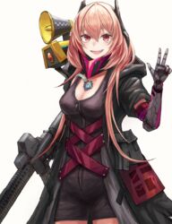  absurdres assault_rifle bad_id bad_pixiv_id bag_(chrko_bag) banana_(girls&#039;_frontline) black_jacket breasts cleavage cowboy_shot english_commentary female girls&#039;_frontline gun hair_between_eyes headgear highres holding holding_gun holding_weapon hood hood_down hooded_jacket jacket long_hair looking_at_viewer m4_carbine m4_sopmod_ii m4_sopmod_ii_(girls&#039;_frontline) m4_sopmod_ii_(mod3)_(girls&#039;_frontline) mechanical_arms medium_breasts megaphone oerba_yun_fang open_mouth pink_hair red_eyes rifle short_sleeves simple_background single_mechanical_arm smile solo w weapon white_background zipper_pull_tab 