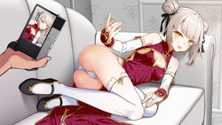  ass bad_id bad_twitter_id bare_shoulders black_ribbon blonde_hair breasts bridal_gauntlets camera china_dress chinese_clothes cleavage cleavage_cutout clothing_cutout commentary_request couch double_bun dress female full_body hair_bun hair_ribbon hair_tie hand_on_own_leg holding holding_camera inactive_account looking_at_viewer lying on_couch on_side original out_of_frame outstretched_arm panties pantyshot pov rasaras_leonids ribbon small_breasts spread_fingers thighhighs underwear viewfinder yellow_eyes 