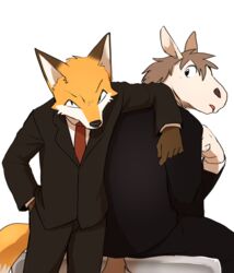  2020 anthro canid canine clothing duo equid equine fox horse junior_horse looking_at_viewer male male/male mammal manmosu_marimo senior_fox simple_background sitting white_background 