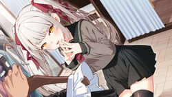  bad_id bad_twitter_id blonde_hair blush breasts clothes_hanger clothes_shop commentary female fitting_room hair_ribbon holding inactive_account leaning_forward legs_together long_hair looking_at_viewer maid mirror open_mouth original own_hands_together pov rasaras_leonids ribbon school_uniform shop small_breasts smile spread_fingers thighhighs trying_on_clothes twintails yellow_eyes zettai_ryouiki 