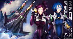  1boy black_gloves blue_bodysuit blue_eyes blue_hair blueriest bodysuit closed_mouth copyright_name covered_navel earrings female gloves grin hair_ornament hayate_immelmann helmet highres holding holding_helmet jewelry long_hair macross macross_delta mecha mirage_farina_jenius pilot_suit pointy_ears purple_bodysuit purple_hair robot science_fiction smile thigh_gap thrusters variable_fighter vf-31 vf-31c vf-31j 