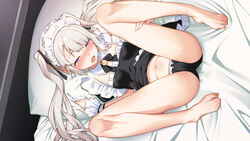  bad_id bad_twitter_id bare_legs barefoot bed_sheet black_panties blonde_hair blue_eyes blush breasts breath commentary_request detached_collar female groin hair_ribbon hair_tie half-closed_eyes hand_on_own_thigh heavy_breathing inactive_account looking_at_viewer lying maid maid_headdress navel on_back on_bed open_mouth original panties pillow pillow_grab rasaras_leonids ribbon small_breasts solo spread_legs steam tearing_up teeth twintails underwear wrist_cuffs 