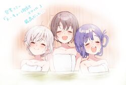  3girls =_= ^_^ asari_nanami banirou bare_shoulders bath bathing blush closed_eyes collarbone commentary_request hair_rings highres hisakawa_hayate idolmaster idolmaster_cinderella_girls multiple_girls naked_towel ofuro otokura_yuuki partially_submerged same-sex_bathing shared_bathing smile steam teeth towel translation_request twitter_username upper_teeth_only water_drop 