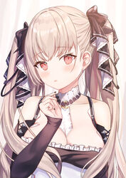  absurdres azur_lane bare_shoulders between_breasts black_dress black_nails black_ribbon black_sleeves blonde_hair blush breasts cleavage commentary cross-laced_clothes curtains detached_collar detached_sleeves dress earrings female formidable_(azur_lane) frills hair_ribbon hand_up highres jewelry large_breasts long_hair looking_at_viewer nannann parted_lips red_eyes ribbon simple_background solo twintails two-tone_ribbon upper_body very_long_hair white_background white_ribbon 