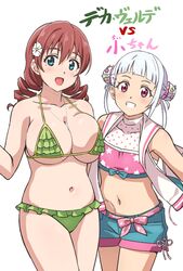  2girls arashi_chisato bare_arms bare_legs bare_shoulders bikini blue_eyes blunt_bangs breasts brown_hair cleavage collarbone commentary_request double_bun drill_hair emma_verde flower frilled_bikini frills green_bikini grin hair_between_eyes hair_bun hair_flower hair_ornament hair_scrunchie in-franchise_crossover jewelry large_breasts light_blush long_hair looking_at_viewer love_live! love_live!_nijigasaki_high_school_idol_club love_live!_superstar!! midriff multicolored_clothes multicolored_swimsuit multiple_girls necklace official_alternate_costume open_mouth pun red_eyes scrunchie short_shorts shorts sideboob single_sidelock sleeveless sleeveless_jacket small_breasts smile swimsuit translated turkey_min twin_drills underboob vs white_background white_hair 